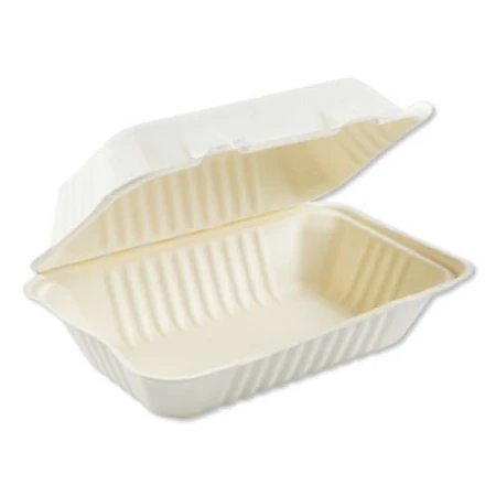 Bagasse Molded Fiber 1-Compartment White Food Containers, Hinged-Lid, 9" X 6" 250/Carton 3 Bagasse Molded Fiber 1-Compartment White Food Containers, Hinged-Lid, 9" X 6" 250/Carton