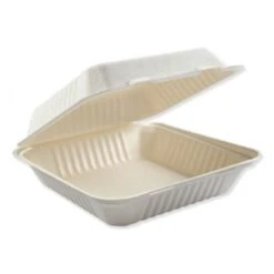Bagasse Molded Fiber 1-Compartment White Food Containers, Hinged-Lid, 9" X 9" 200/Carton