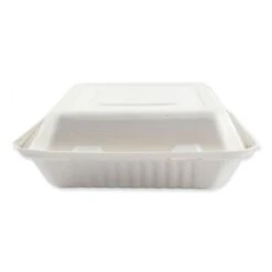 Bagasse Molded Fiber 3-Compartment White Food Containers Hinged-Lid, 9" X 9" 200/Carton