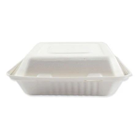 Bagasse Molded Fiber 3-Compartment White Food Containers Hinged-Lid, 9" X 9" 200/Carton 3 Bagasse Molded Fiber 3-Compartment White Food Containers Hinged-Lid, 9" X 9" 200/Carton