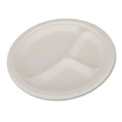 ChampWare Heavyweight 3-Compartment White Bagasse Plate, 10", 500/Carton