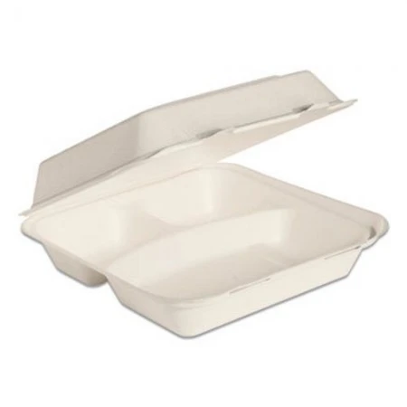 Dart Bare By Eco-Forward Bagasse Hinged Lid Containers, 3-Compartment, 9-3/5" X 9-2/5" X 3-1/5" - 200 Pcs 3 Dart Bare By Eco-Forward Bagasse Hinged Lid Containers, 3-Compartment, 9-3/5" X 9-2/5" X 3-1/5" - 200 Pcs