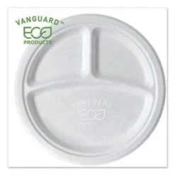 Eco-Products Vanguard Renewable And Compostable Sugarcane 3 Compartment Plates, 10", 500/Carton