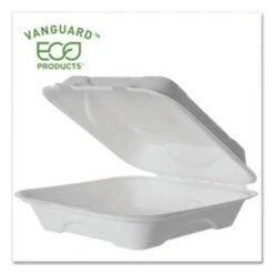 Eco-Products Vanguard Renewable And Compostable Sugarcane Clamshells, 1-Compartment, 9" W X 9" D X 3" H, 500/Carton