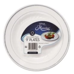 Masterpiece Plastic Dinnerware Plates, White/Silver, 9", 10/Pack