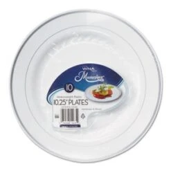 Masterpiece Plastic Dinnerware Plates, White/Silver, 10 1/4", 120/Carton