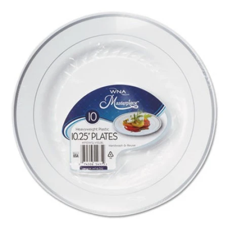 Masterpiece Plastic Dinnerware Plates, White/Silver, 10 1/4", 120/Carton 3 Masterpiece Plastic Dinnerware Plates, White/Silver, 10 1/4", 120/Carton