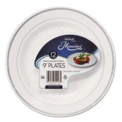 Masterpiece Plastic Dinnerware Plates, White/Silver, 9", 120/Carton