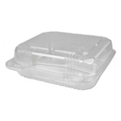 Plastic Clear Hinged Containers, 8 X 8, 3-Compartment, 5 Oz./5 Oz./15 Oz., 250/Carton