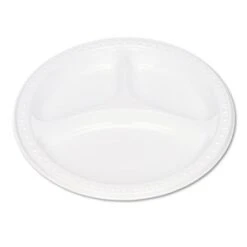 White Plastic Dinnerware 3-Compartment Plates, 9", 125/Carton