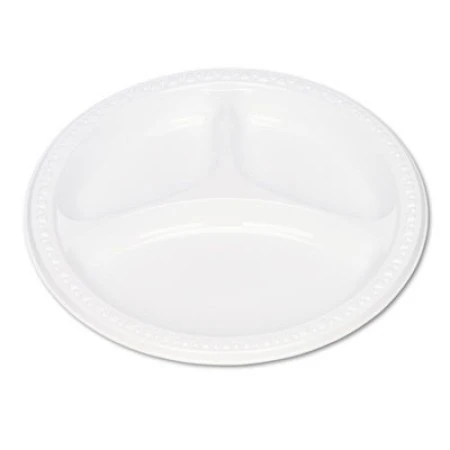 White Plastic Dinnerware 3-Compartment Plates, 9", 125/Carton 3 White Plastic Dinnerware 3-Compartment Plates, 9", 125/Carton