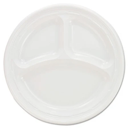 Dart 3-Compartment White Plastic Plates, 9" - 125/Pack 3 Dart 3-Compartment White Plastic Plates, 9" - 125/Pack