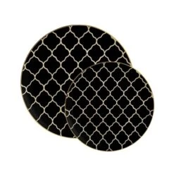 TigerChef Black Plastic Appetizer Plate With Gold Lattice Pattern 7-1/4" - 10 Pcs