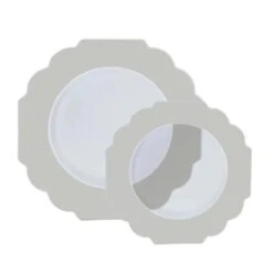TigerChef Clear Silver Round Scalloped Silver Rim Plastic Dinner Plate 10-7/10" - 10 Pcs