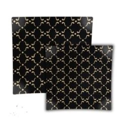 TigerChef Gold Abstract Pattern Black Square Plastic Dinner Plate 10.5" - 10 Pcs