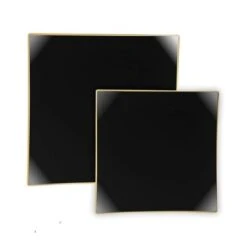 TigerChef Gold Rim Black Square Coupe Plastic Dinner Plate 10-1/2" - 10 Pcs