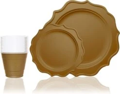 TigerChef Gold Scalloped Rim Disposable Party Supplies Set, Includes 10" Plates, 8" Plates And 9 Oz. Cups, Service For 48